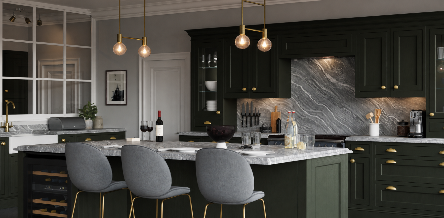 Completed dark green kitchen with marble surfaces