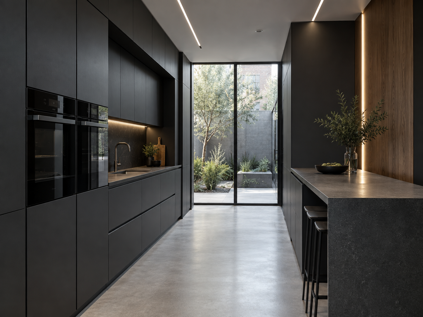 Dark contemporary handleless galley kitchen
