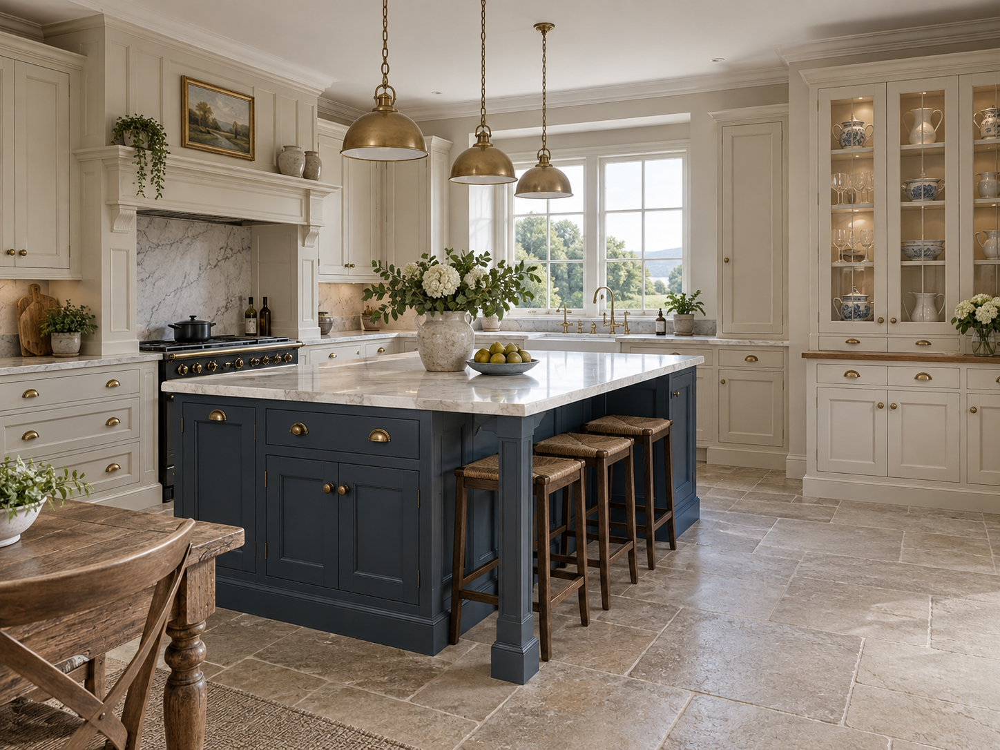 Cream classic in-frame kitchen with a deep-blue island
