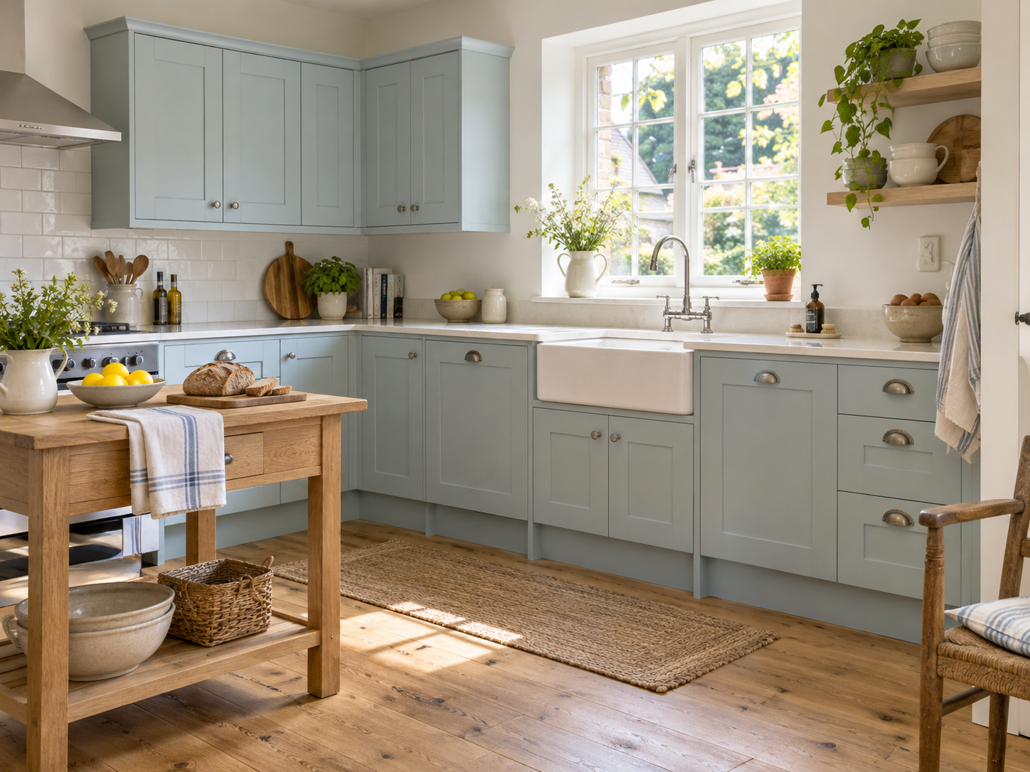 Bright pale-blue modern Shaker cottage kitchen