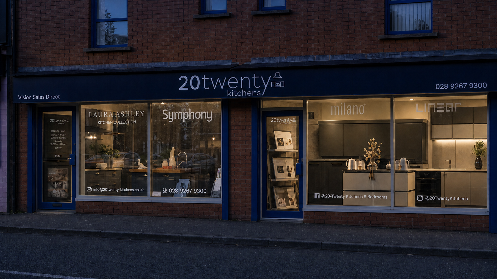 The illuminated 20Twenty Kitchens showroom in Lisburn at blue hour